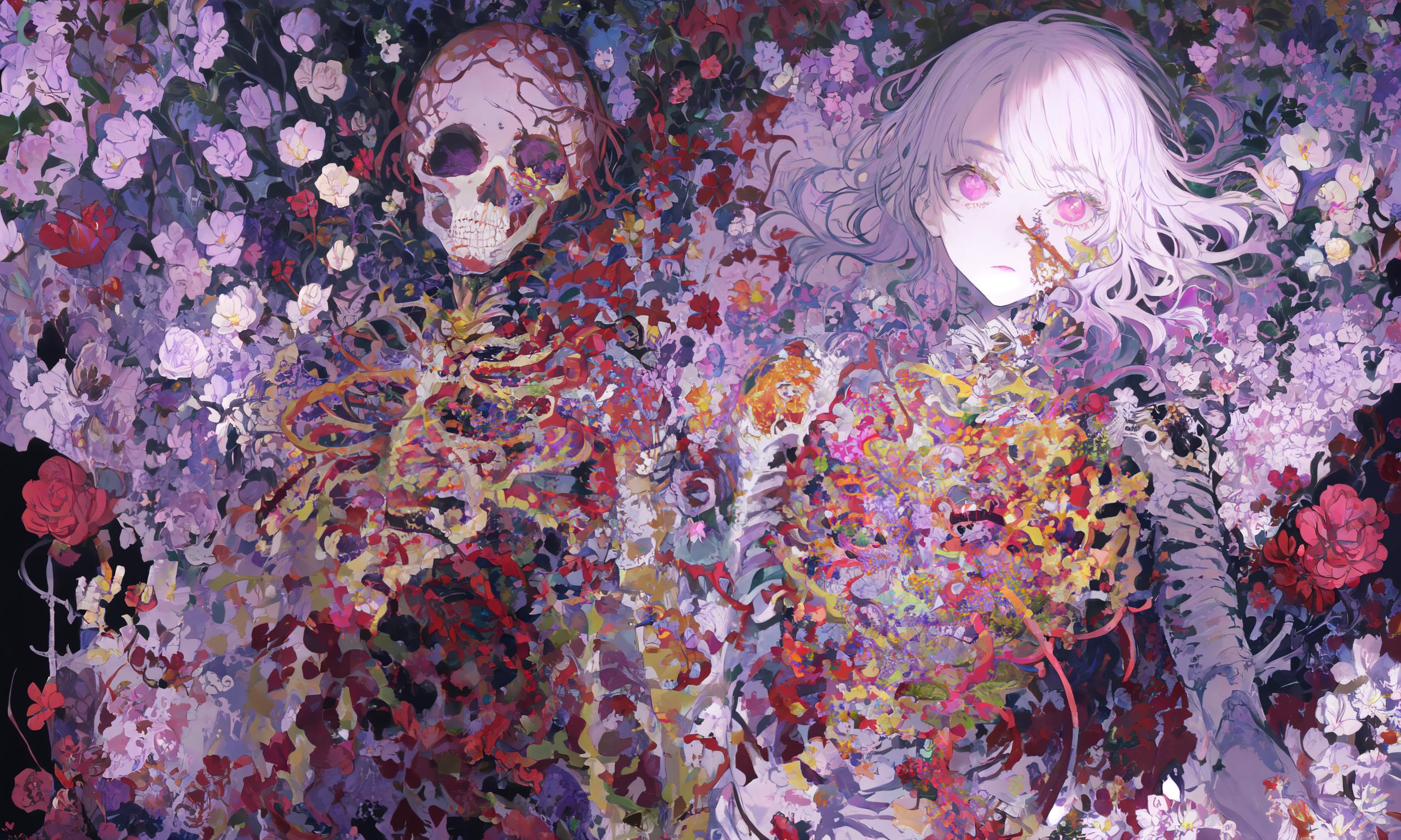 A colorful painting featuring a woman and a skeleton.