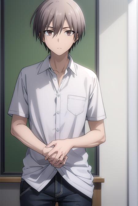 ayumuaikawa, <lora:ayumu aikawa s2-lora-nochekaiser:1>,
ayumu aikawa, short hair, grey hair, (brown eyes:1.3), male focus,
BREAK short hair, shirt, white shirt, collared shirt, pants,
BREAK indoors, classroom,
BREAK looking at viewer, (cowboy shot:1.5),
BREAK <lyco:GoodHands-beta2:1>, (masterpiece:1.2), best quality, high resolution, unity 8k wallpaper, (illustration:0.8), (beautiful detailed eyes:1.6), extremely detailed face, perfect lighting, extremely detailed CG, (perfect hands, perfect anatomy),