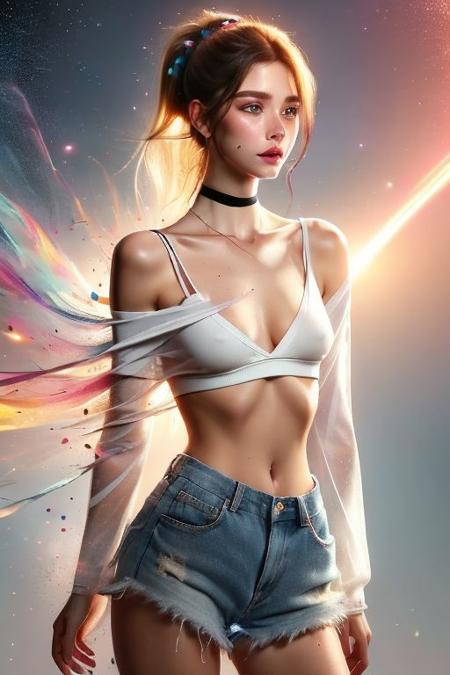 <lora:more_details:0.6> <lora:epiCRealismHelper:0.6>(Award Winning) insanely detailed and intricate, character, hypermaximalist, beautiful, revealing, appealing, attractive, super detailed, heresy flares, (DOF, blurry background, sunset in the back of the character)Lens Flare, Heresy flare (abs) BREAK (masterpiece, best quality, high quality, highres, ultra-detailed), (extremely delicate and beautiful:1.2), (beautiful detailed eyes:1.2), 8k, (detailed light:1.2), cinematic lighting, (rim lighting), (from below:1), close up,  looking at viewer, amber eyes, central heterochromia, strawberry blonde messy ponytail, hair tucked behind ear, dynamic angle, flirty smile, blush, light freckles, lustrous skin, pale skin, skin imperfections, medium breasts, underboob, nipple outlines, nipslip, skindentation, thighhighs, choker, (black panties, white tshirt:1.2), (arms behind back:1.2), (vibrant starry sky background:1.2),tanlines, choker, <lora:shirtliftv1:1> <lora:pantypull-drop-r1:1> <lora:NakedAnimegirl:0.3><lora:sexyschooluniformv1:0.4>skirt, miniskirt, microskirt, thighhighs, plaid, plaid skirt, fishnets, from behind, panties, bra, lingerie, crop top, corset, shirt ,