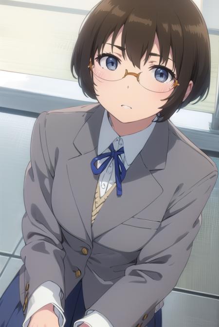 manamitamura, <lora:manami tamura s2-lora-nochekaiser:1>,
manami tamura, short hair, brown hair, (grey eyes:1.3), glasses,
BREAK skirt, school uniform, jacket, blazer, grey skirt,
BREAK indoors, classroom,
BREAK looking at viewer, (cowboy shot:1.5),
BREAK <lyco:GoodHands-beta2:1>, (masterpiece:1.2), best quality, high resolution, unity 8k wallpaper, (illustration:0.8), (beautiful detailed eyes:1.6), extremely detailed face, perfect lighting, extremely detailed CG, (perfect hands, perfect anatomy),