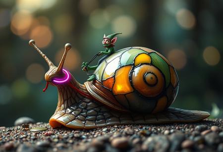 a tiny goblin jockey riding on the back of a giant snail, neon reins,the snail's shell is made of stained glass, slime trail, neon bokeh, in the style of a fantasy painting
