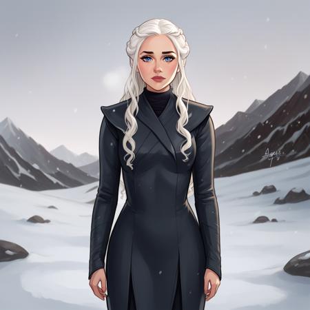 DAENERYS, 1girl, solo, white hair, long hair, blue eyes, black dress, ring long sleeves