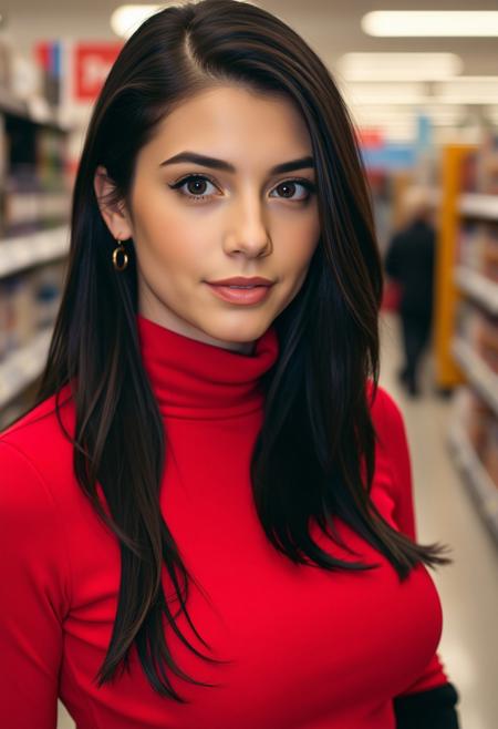 portrait of a young woman, Angela White, wearing a red turtleneck dress. She has dark brown hair and brown eyes. She is in walmart, black skirt,large breast, high heels ,boots, thigh highs,