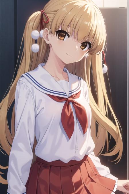 miutakanashi, <lora:miu takanashi s1-lora-nochekaiser:1>,
miu takanashi, long hair, blonde hair, ribbon, twintails, (brown eyes:1.5), hair ribbon, two side up, smile,
BREAK skirt, long sleeves, school uniform, serafuku, white sailor collar, (red skirt:1.2), (white shirt:1.2),
BREAK indoors, classroom,
BREAK looking at viewer, (cowboy shot:1.5),
BREAK <lyco:GoodHands-beta2:1>, (masterpiece:1.2), best quality, high resolution, unity 8k wallpaper, (illustration:0.8), (beautiful detailed eyes:1.6), extremely detailed face, perfect lighting, extremely detailed CG, (perfect hands, perfect anatomy),