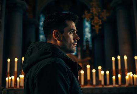 professional photo, side view photo of Caucasian man in front of an altar covered with candles, wearing a dark green parka, serious face, dark features, dramatic lighting, in a dim cathedral interior, lit by candles