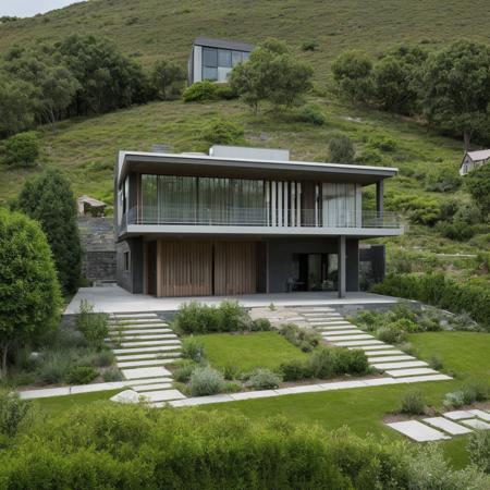 a single house on a hill, the house is entirely made of an element from the Periodic Table, high detail, hdr, elemental garden, complex house design