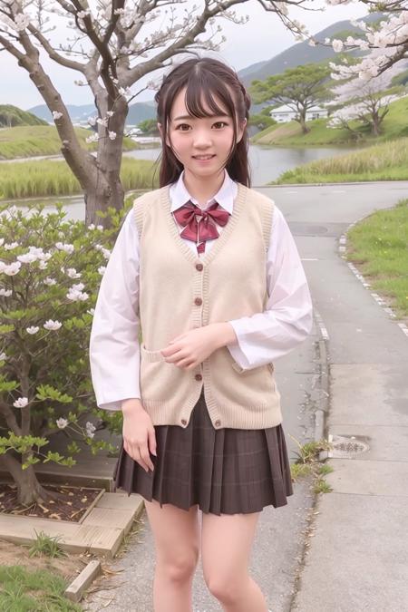 (4k, best quality), (realistic, photo-realistic),(remu_hayami),
1girl, solo,(full body),
facing viewer,
(smile),(looking at viewer),
standing,arms_at_sides,
perfect skin, sweater_vest,flared_skirt,necklace,
outdoors, nature,sunny,(cherry blossoms),  tree,grass,
<lora:remuHayami_v11:0.7>