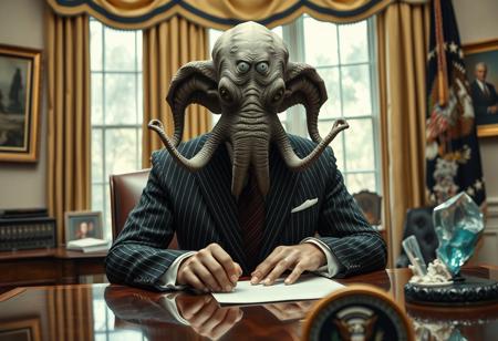 president cthulu in a sharp pin striped suit posing for presidential portrait in the oval office, real photograph, signing bill, empty eyes, lovecraftian, vote for cthulu photorealistic, correct hands, correct fingers, seal of the president of the united states, ad to vote, republican, election, decorative otherworldly crystal on desk