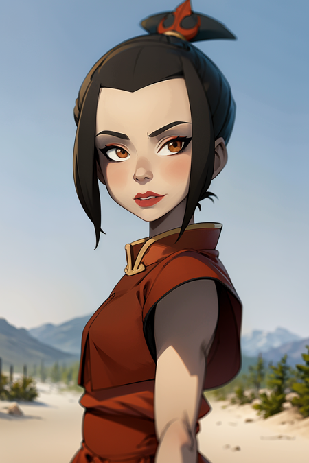 masterpiece, best quality, 1girl, azula, lipstick, makeup, looking at viewer, upper body, sun, blue sky, desert background <lora:Azula:0.8> <lora:XaxaxaV2:1>