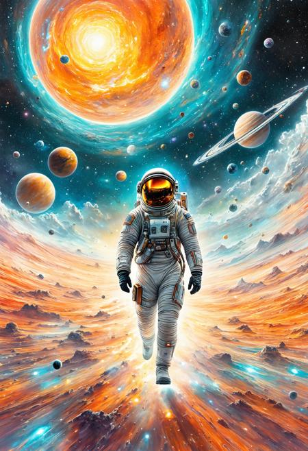 rating_safe, breathtaking detailed, masterpiece, absurdres, awe-inspiring, best quality, vibrant colors, a lone astronaut walking across a shimmering alien surface, BREAK, vast cosmic sky filled with swirling nebulae and orbiting planets, orange and teal color clouds forming a galactic rift, reflective terrain below, (detailed space suit with backlit elements), subtle pencil shading in planetary textures, soft colored pencil highlights in the nebula clouds, [graphite edge lines] on the helmet, [drawn-in planet outlines], BREAK, majestic space panorama, semi-realistic rendering with a layered drawing texture, atmospheric depth    <lora:sdxl_ta86artstyle_pen_realism.safetensors:0.8:0.8>