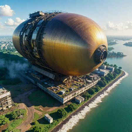 (stylized by Hayao Miyazaki:0.8) and (Kunio Okawara:1.0) and (Masamune Shirow:1.3) , anime key visual, concept art, shot from side of a Burning Stressed New Wave (Airship:1.3) , it is designed by Rockstar games, it is in a Ancient setting, near Refined Mexico, lush space and water, at Sunrise, equirectangular 360, Vivid, Disgusting, Digital Art, Motion blur, Circular polarizer, Single Color, Rule of Thirds, Gradient and Mustard flakes, dslr, UHD