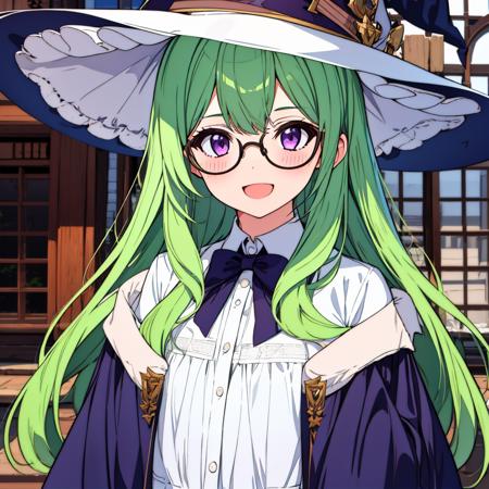 <lora:ennafol_v2:.6>1girl,solo,bangs,ennafol,best_quality,green_hair,masterpiece,purple_eyes,very_long_hair,outdoors,:D,indoors,looking at viewer,witch,witch hat, flat chest, bowtie,ribbon,glasses,