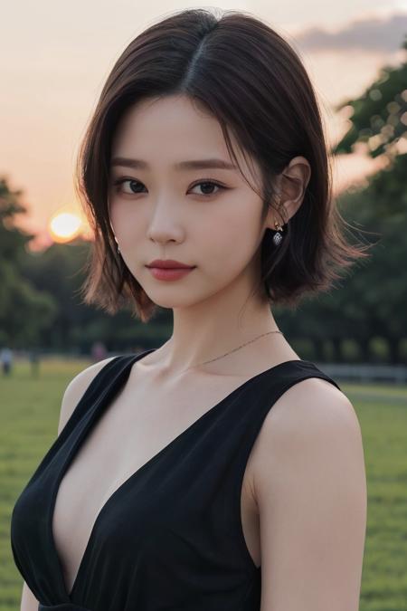 a woman, (photograph), masterpiece, (realistic), (hyperrealism), (photorealistic), (upper body:1.3), eye makeup:0.8, looking at the viewer, black dress, at the park, (sunset),  <lora:httpminju:0.45>