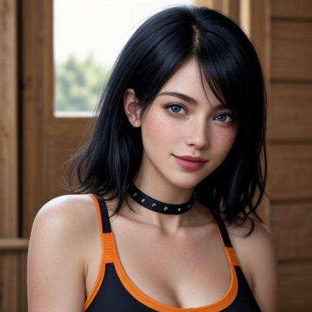 1girl, looking at the viewer, black hair, (blue eyes), medium hair, black sleeveless t-shirt, large breasts, big breasts, sexy smile, cabin, punk hair style, american girl, freckles, spiked collar, sexy bra, (orange t-shirt), half body, (blue eyes), freckles face, (blue eyes),