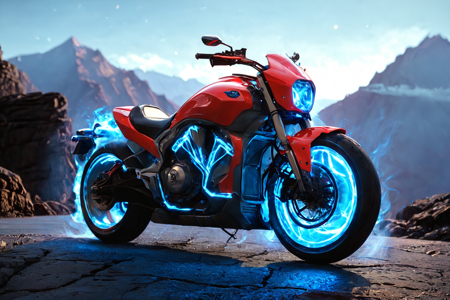 bioluminescent, a futuristic motorcycle with neon accents, sleek frame, solo, plasma thrusters, emitting blue light, futuristic mountain pass, rocky cliffs, glowing path, detailed background, hovering above a volcano, glowing lava, floating platforms, environment focus, wide shot, a digital billboard, displaying ads, in the background, best quality, rich colors, realistic style, high detail, high-definition, hyper-realistic, extremely high-resolution details, fine texture, incredibly lifelike, realistic, not fantasy, not anime, not drawing, highres, 4K resolution, source photo, realistic photo, masterpiece, best quality, amazing quality, very aesthetic, ultra-detailed, detailed surfaces, natural metallic tones, soft light, matte red, sleek finish, warm light, medium shot, <lora:Mystic_Lumina_r1-000007:0.9>