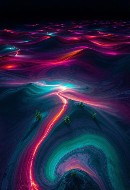 JNANX,luminous white silhouette,cyan glow,emerald highlights,flickering outline,dreamlike movement,rippling colors,drifting embers,infinite black background,psychedelic colors,ethereal,futuristic surrealism,gw,glowing,night,night sky,trippy,
"A breathtaking aerial view of the Painted Dunes in Lassen Volcanic National Park, USA. The rolling hills display a surreal palette of vibrant reds, oranges, pinks, and purples swirled with darker grays and blacks. Small green pine trees are scattered across the undulating landscape, adding pops of contrasting color and a sense of scale. Capture the intricate patterns and textures of the mineral-rich soil, emphasizing the otherworldly beauty of this volcanic terrain under a bright daylight.