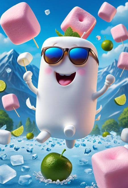 A confused marshmallow wearing sunglasses floats midair while dodging a flying ice cube. Lime slices cheer from the sidelines like it's a fruit Olympics.