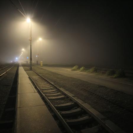 <lora:liminalspaces2:1>,  liminalspaces, 

a foggy night with a train on the tracks and street lights on the street and a bus on the road