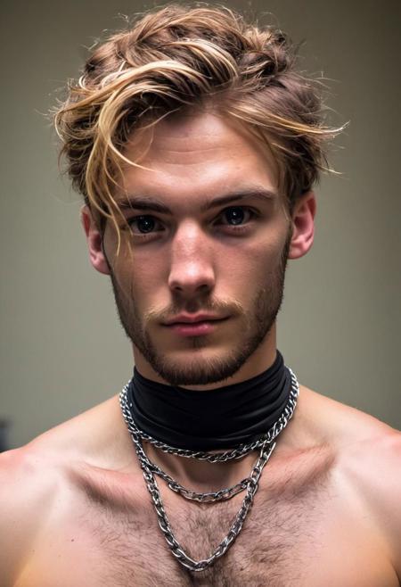 kyle ross, male focus, a handsome 19yo platinum blonde twink, close up of face, face focus, dynamic posture, dramatic angle, camera angle from below, shirtless, beard, trimmed beard, scruffy beard, hands on hip, black dog collar, black neck collar, long chain necklace, kinky,
skinny muscled, slender muscled, skinny, slender features, narrow shoulders, detailed armband tattoo, cute face, boyish face, perfect biceps, bicep veins, bulging veins, defined veins, great pecs, thin waist, angular face, strong and powerful, sporty, predatory look, feathered hair, long hair, shoulder length hair, great detail, satisfaction, blue eyes, bubble butt, small ass, small butt, tight shorts, 
(Masterpiece, high quality:1.3), masterpiece, depth of field, bokeh, detailed, homoerotic, (homoerotic), highly detailed, sharp focus, intricate, smooth, elegant, fantasy, cinematic lighting, cinematic, masterpiece, matte, photorealistic, 4k, beautiful, volumetric lighting, dramatic, photo-realistic, life-like, high detail, lighting, 8Knematic lighting, 8K, contrast lighting, contrasting lighting, cinematic lighting,