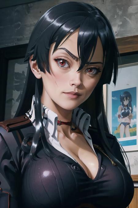 Highly detailed, High Quality, Masterpiece, beautiful, RocksEyebrowRaise, <lora:RocksEyebrowRaise:1>, 1girl, solo, portrait, raised eyebrow, thick eyebrows, akame (akame ga kill), <lora:Char_AkameGaKill_Akame:0.9>, red eyes, large breasts,