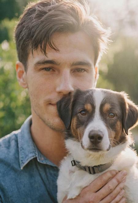 cinematic film still fashion photography portrait of 1man with cute dog as companion, headshot, sunlight , Fine Art & Beauty Photography – ,,light diffraction in frame, dreamy,hazy look.  Helios 44-2 lens mounted on a Praktica MTL 5B Helios 44M-4 lens, 58mm f/2,   in a garden. authentic happy smile towards camera, <lora:hand 4:0.3>
