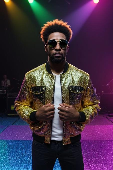 raw photo, upper body, disco, (80s, retro:1.1), dance floor, lasers, rainbow theme, a dancer man, 30 years old, sunglasses, big afro, (manly, wide jaw:1.2), dark skin, sparkly jacket, golden shirt, (vibrant colors:0.9),  (cinematic, dim colors, soothing tones:1.2)