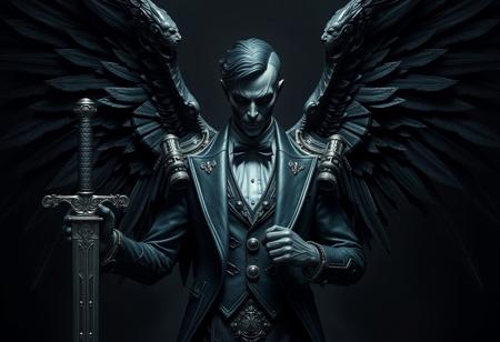 Create a hyperrealistic image of a dark angel with a sword, inspired by the Adeptus Astartes, with dark wings and an ornate tuxedo in the style of Erosion Hand Forest. Incorporate micro details and a Terminator-like appearance without flesh, evoking an exorcist feel. Use the style of artists such as Tooth Wu, Wlop, Beeple, and Dan Mumford as reference, with a focus on intricate abstract details and symmetrical composition, similar to Greg Rutkowski's work.