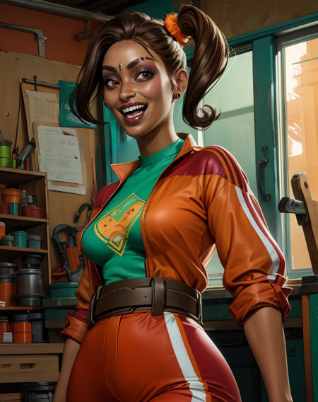 Rampart,side ponytail,brown hair,forehead jewel,nose ring,small earrings,
orange jumpsuit,green shirt,belt,orange pants,
solo,standing,smiling,open mouth,upper body,
tool shop,indoors,
(insanely detailed, beautiful detailed face, masterpiece, best quality),<lora:Rampart-10APLv8:0.8>,