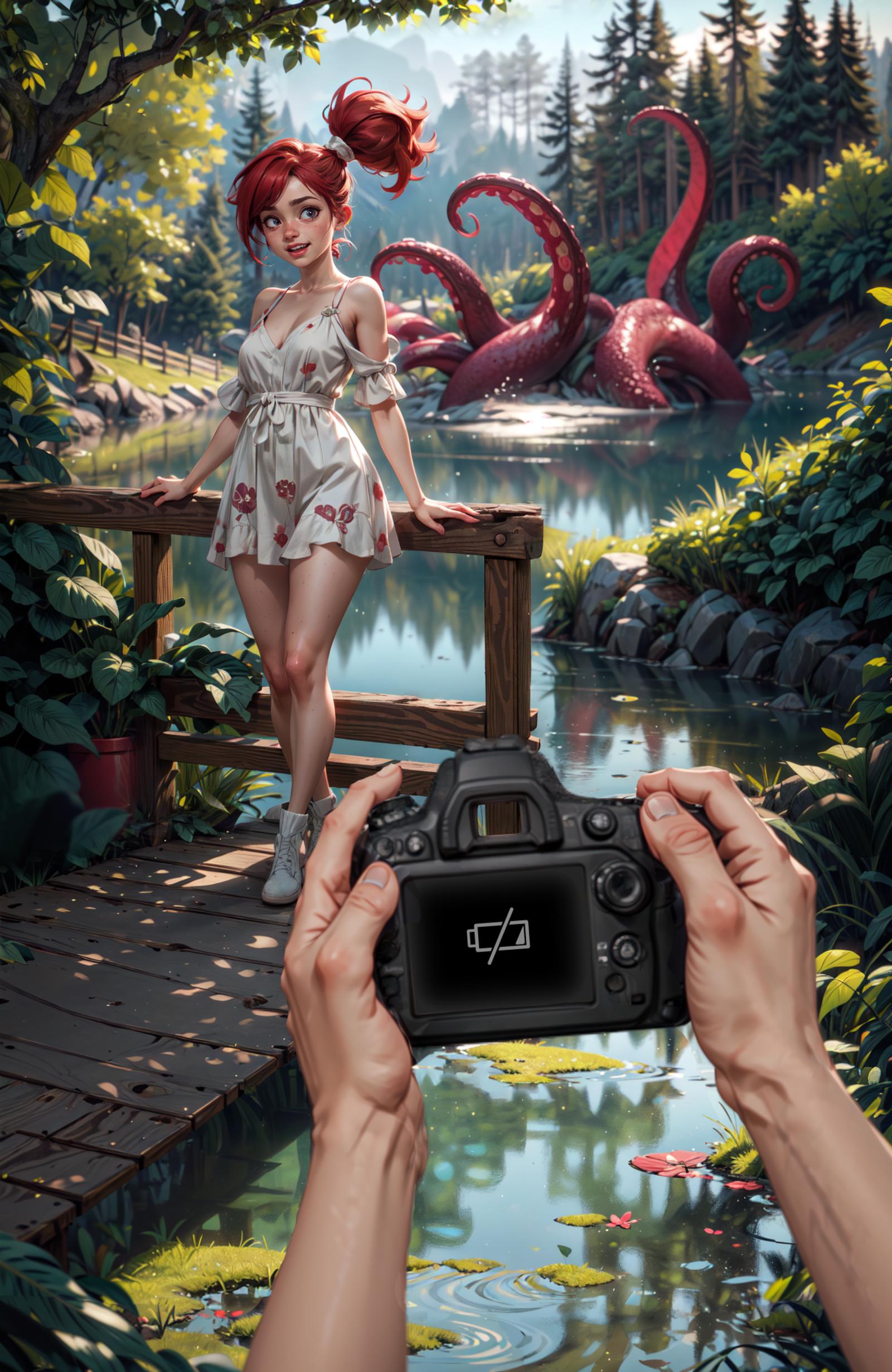 A person taking a photo of a woman in a dress near a waterway with an octopus in the background.