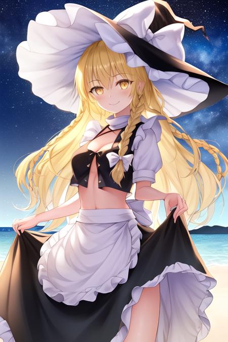 masterpiece, best quality, highres, solo, {night:1.10}, {starry sky:1.10}, beach, beautiful detailed sky, {extremely detailed background:1.20}, {kirisame_marisa_touhou:1.10}, {standing:1.10}, looking at viewer, {bikini:1.30}, blonde_hair, long_hair, hat, witch_hat, bow, yellow_eyes, braid, single_braid, hat_bow, smile, hair_bow, apron, white_bow, light smile