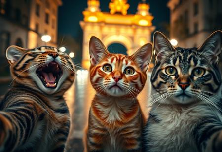 detailxl Photograph Taken on Nikon D750, Alphonse Mucha, 8K, athletic figure, Hyperdetailed, hyperrealism, Attractive,
A dimly lit, rainy street at night, with soft streetlights A captivating close-up selfie of three domestic felines, taken at night with a prominent, warmly lit, iconic architectural structure in the soft-focus background. The cat on the left is a tabby, captured mid-laugh or enthusiastic meow, with its mouth wide open, conveying pure joy. The central cat, an orange tabby, looks directly at the viewer with wide, curious eyes and a slightly surprised or bewildered expression, its face perfectly framed. The cat on the right, a grey and white tabby, has a more serene and contemplative look, gazing calmly. The foreground is well-lit, highlighting the intricate fur details and distinct expressions of each cat. The background glow creates a beautiful bokeh effect, emphasizing the golden illumination of the distant landmark. The overall mood is whimsical and endearing, suggesting a playful and memorable moment shared by these furry companions."  A soft, fading spark in the background symbolizes the lost hope and emotions fading away. The overall color palette should be cool tones, with shades of blue, gray, and a touch of warm amber from the streetlights.