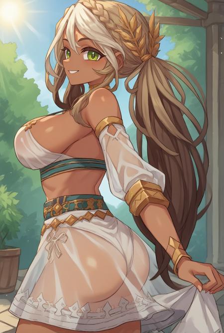 andromedadefault, green eyes, dark-skinned female, multicolored hair, long hair, crown braid, twintails, white dress, frilled skirt, see-through sleeves, long sleeves, criss-cross halter, bracelets, bare shoulders, laurel crown, jewelry, wrist cuffs, belt AndromedaSwimsuit, dark-skinned female, green eyes, long hair, brown hair, ponytail, crown braid, bikini, striped bikini, criss-cross halter, highleg, swimsuit, bracelet