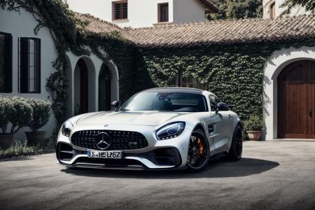 a professional shot of sports car(mercedes_amg_gt_v1-3600:1.0), in front of a old villa,modelshoot style,masterpiece, (extremely detailed CG unity 8k wallpaper),unreal engine, 75mm lens,  High Detail, Sharp focus, dramatic, (dimly lit:1.1), <lora:epi_noiseoffset2:0.9>