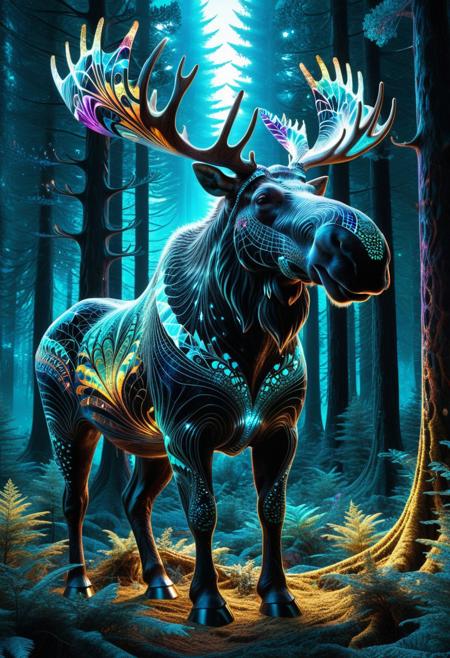 massive moose, covered in glowing fractal patterns, fur made of geometric crystal shapes, bioluminescent vines wrapped around its body, ancient forest background, mystical aura, powerful and majestic stance, surreal creature design, cinematic lighting, ultra-detailed fur texture, fantasy creature concept art, glowing eyes, 8k resolution, epic atmosphere, god-like presence, fractangles