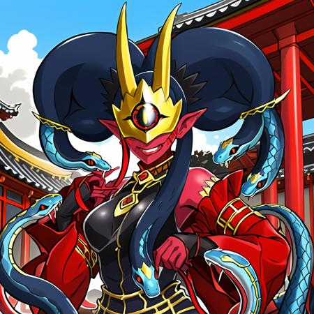 sfw, masterpiece, best quality,absurderes,1girl,solo,medusamon,snake hair,single eye,cyclops,black hair,gold mask,gold horns,red skin,pointy ears, 2 horns,derached sleeves,medusa,black snakes,<lora:MedusamonXLBeta:0.95>,   upper body,traditional media,ukiyo-e, waves,japanese architecture,holding fan,outdoors,smile,sun
