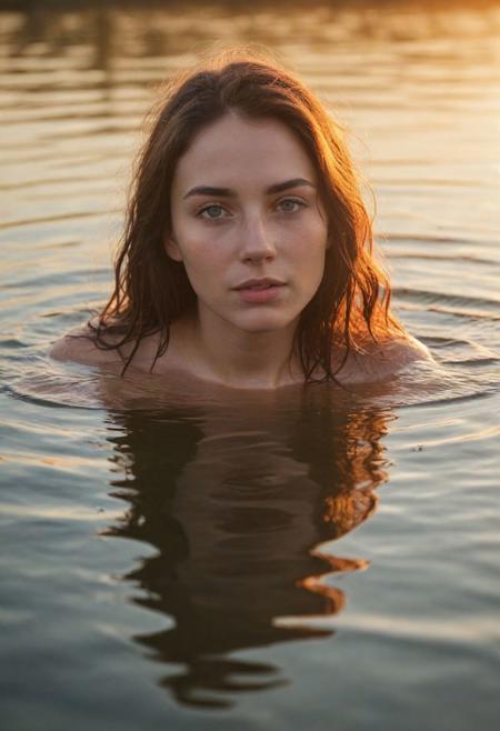 editorial photo, everyday-type, adorable woman, partially submerged, lake at sunset, posing, perfect composition, depth of field, detailed skin texture, lifelike shadows, indecent, immodest