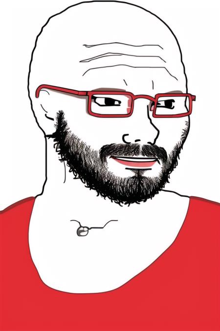 <lora:wojak:.8>, wojak, masterpiece, best quality, 1boy, shirt, red shirt, solo, male focus, facial hair, white background, glasses, beard, t-shirt, simple background, upper body, meme, short sleeves, bald, what, flat color, parody