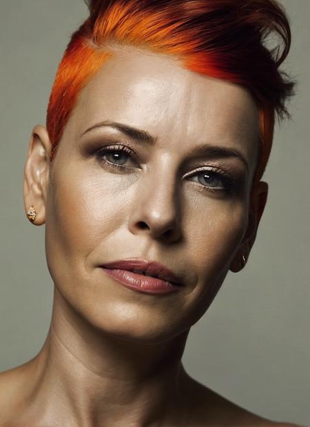 portrait of sks woman by Flora Borsi, style by Flora Borsi, bold, bright colours, orange Mohawk haircut, ((Flora Borsi)), <lora:locon_chelsea_v1_from_v1_64_32:1.25>