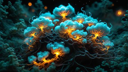 macro photography, (bokeh), dynamic camera angle, (made of swirling glowing clouds:2),  (made of tiny glowing neon glass filaments:1.2), <lora:World_of_Glass_Filament:.8>  <lora:sdxl_mythicalclouds:1> an exotic alien forest, with multicolored foliage, bioluminescent plants that light up the night, a dense canopy that filters the sky into a kaleidoscope of colors, slime_mold, Physarum polycephalum streaming along as it forms a plasmodium with many nuclei without individual cell membranes, <lora:DonMM4ch1n3W0rldXL:0.1>  anime coloring, candlelight