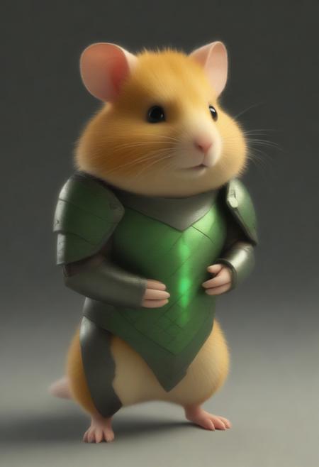 animal, armored hamster, intricate scales, novuschroma54 style armor plating, glowing gemstone embedded in bracer, slit pupils, futuristic design, green energy accents, reinforced metallic structure, detailed textures, high-tech aesthetic, cinematic lighting, dynamic pose, fantasy cybernetic fusion