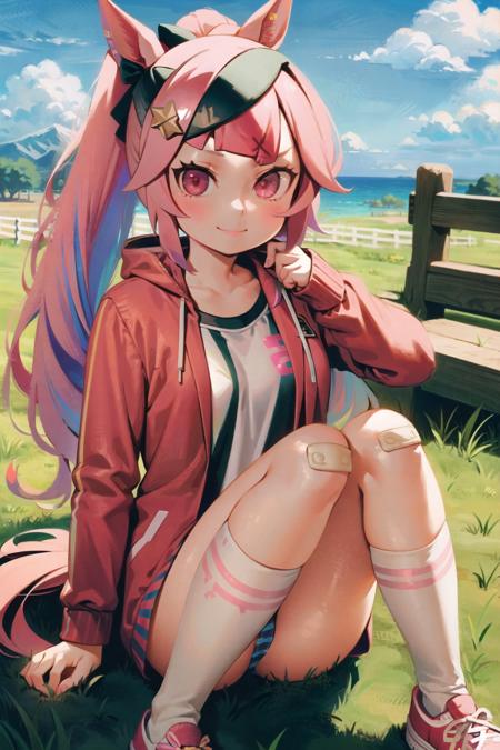 1girl, bandaid on leg, solo, bandaid, horse ears, animal ears, haru urara (umamusume), striped socks, tail, hair intakes, jacket, horse girl, sitting, striped, horse tail, pink hair, socks, white jacket, buruma, ponytail, outdoors, shirt, pink eyes, shoes, grass, long hair, looking at viewer, headband, bow, white footwear, red buruma, open clothes, white shirt, open jacket, kneehighs, bangs, thighs, head tilt, smile, track jacket, symbol in eye, long sleeves, collarbone