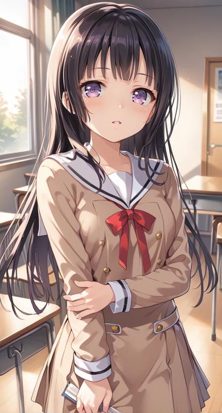 srknrnkcasual, shirokane rinko, black hair,very long hair,black ribbon,black skirt,blunt bangs,long skirt,white shirt, frilled shirt collar,frilled sleeves,frills,high-waist skirt,hime cut,neck ribbon,purple eyes, shirokane rinko, srknrnkschool,black hair,very long hair long sleeves,neck ribbon,outstretched arm,parted lips,pleated dress, purple eyes,red ribbon,ribbon,sailor collar,sailor dress,school uniform,serafuku,short dress,sidelocks,