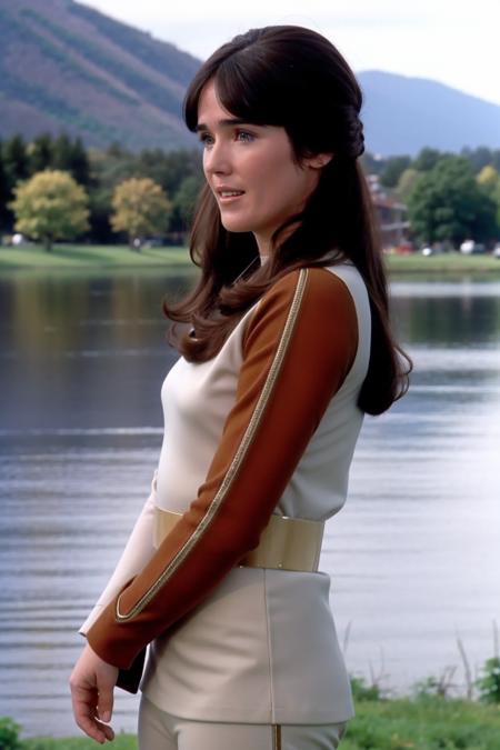 Jennifer Connelly in s1999unf uniform,brown left sleeve,near a lake,long hair<lora:S1999_V2flex-000004:0.8>