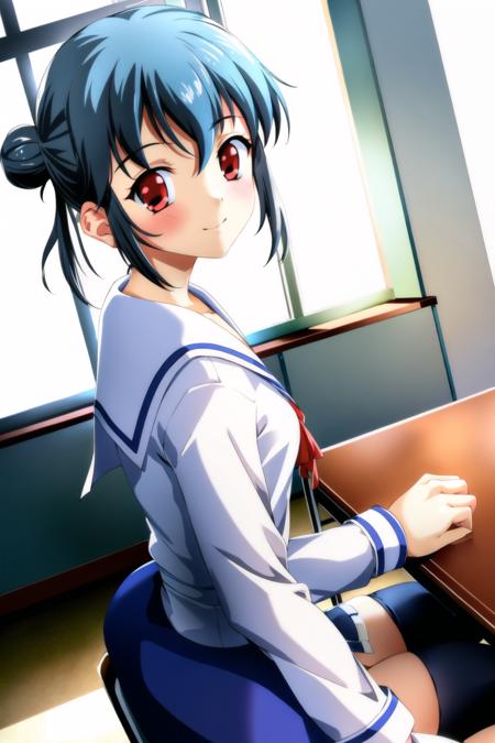 ((masterpiece, high quality, best quality)),
1girl, classroom, serafuku, desk, hair bun, school desk, red eyes, double bun, dutch angle, long sleeves, chair, blue hair, indoors, light smile, short hair, grey hair, sitting, upper body, looking back, dutch angle, 
<lora:nanao-style_v1.0:0.8>