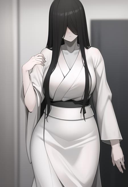 ((masterpiece)), (best quality), (absurdres), black hair, yamamura_sadako, (white kimono, black obi), (grey skin), hair over eyes, eyes covered, looking at viewer, <lora:sadako_v3:0.9>