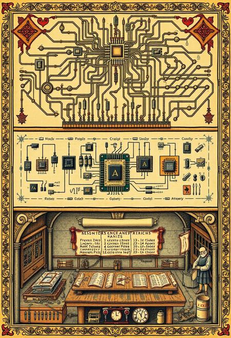 Historical Scene, Medieval Art Style, Detailed Sectioned Illustration of the Manufacture of Microchips in the Middle Ages, Depicting Innovations, Transistors, and Circuit Boards, with Ornate Decorative Background. The upper section showcases the intricate process of creating microchips, with decorated logical circuits, circuit pathways and delicate transistors highlighted as symbols of medieval craftsmanship. The middle section presents medieval computer devices such as processors, motherboards, and routers, with small icons depicting the importance of semiconductor technology. The lower section illustrates chip design and assembly, with artisans working in a medieval-style workshop surrounded by ornate tools and scrolls of code and binary numbers.