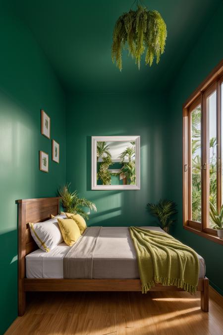 photography, bedroomtropical twinbed with green wallpaper, plant, dim light, mirror, yellow curtains, flower paintings, ornament, wooden floor, yellow light, dawn, palm tree, waterfall, stone, <lora:ARWBedroomTropical:1>