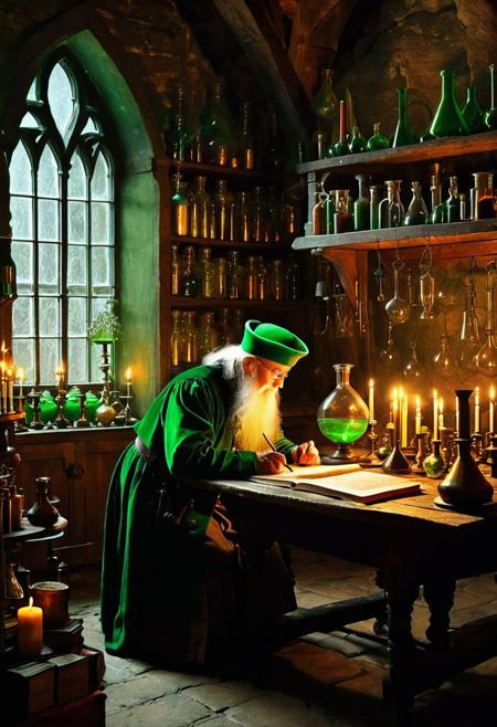 Paracelso, classic old book illustration, side-view, old alchemist preparing experiments in his laboratory, elderly man, long beard, long hair, pointed conic green hat, medieval laboratory glassware, dark environment, alchemical symbols on the walls, consulting old books, observing a large test flask, candles for iluminate, real collors, mystic