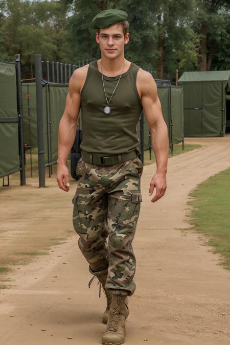 military training obstacle course, standing, JackWindsor is a sexysoldier, British style soldier uniform, camouflage pants, camouflage tank top, dog tags, black boots, beret, <lora:JackWindsor-000008:0.8> <lora:Clothing - Sexy Soldier_v1:0.7>