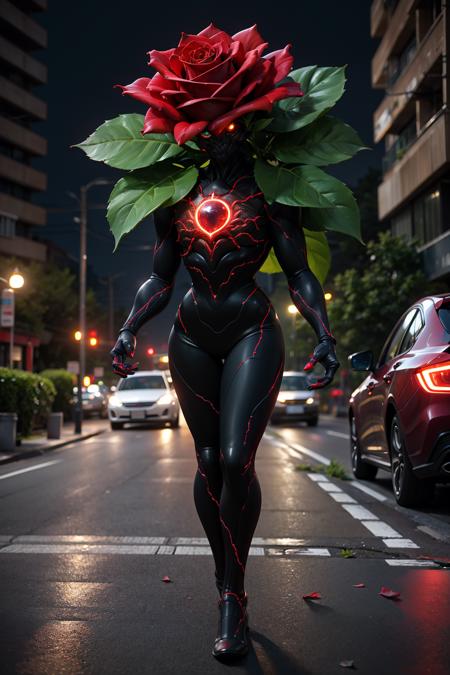 1kaijin, full_body, solo, outdoors, street, city, cars, people,
red rose, yellow eyes, plant, leaf, looking at viewer, glowing, glowing eyes, vines
(masterpiece,  best_quality:1.3), (realistic:1.3), photorealistic,
<lora:kaijin_v5-000018:0.8>
<lora:stylized_3dcg_v4-epoch-000012:0.4> ,